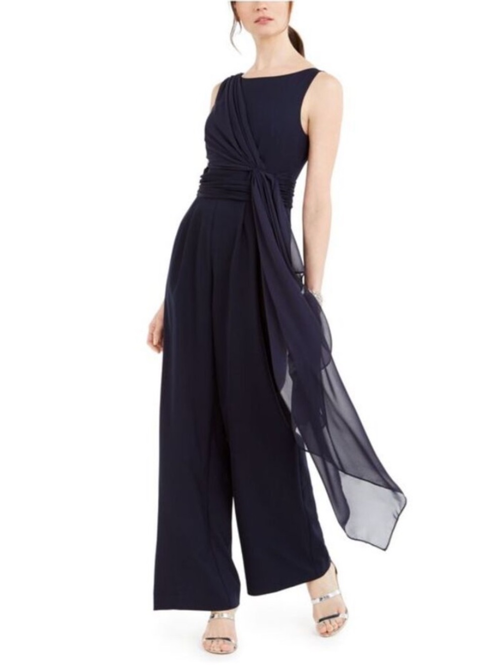 NWT Eliza J Navy Chiffon Draped Wide Leg Jumpsuit Size 6 Formal Evening HOCO